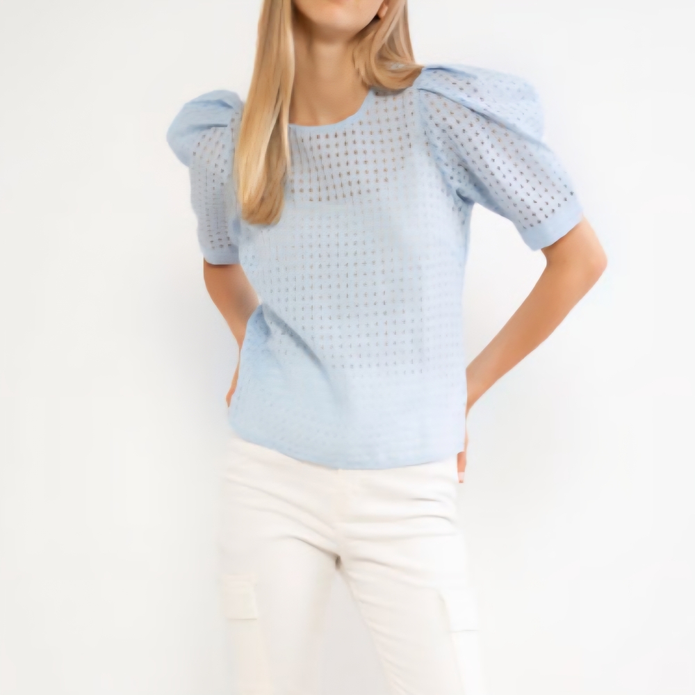 Light Blue Feminine Semi-sheer Textured Puff Sleeve Blouse Romantic Modern